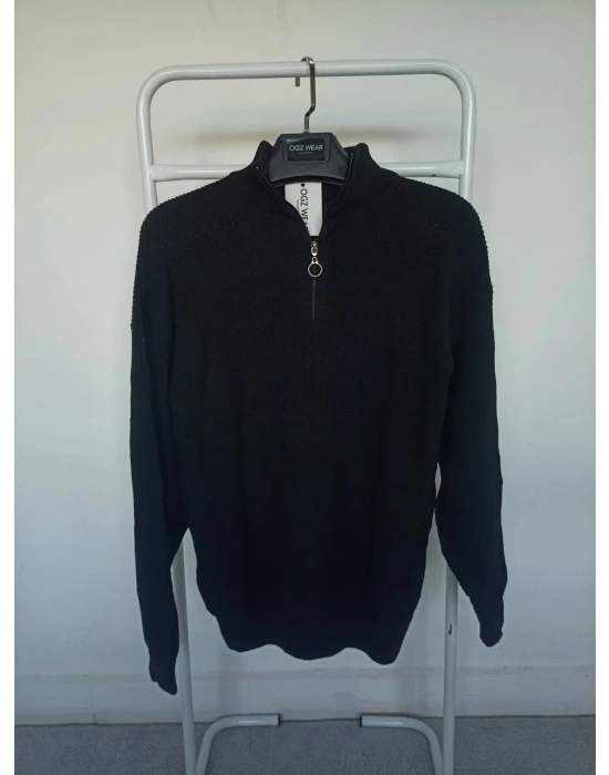 Siyah Selanik Örgü Yarım Femuar Detaylı Uzun Kollu Triko