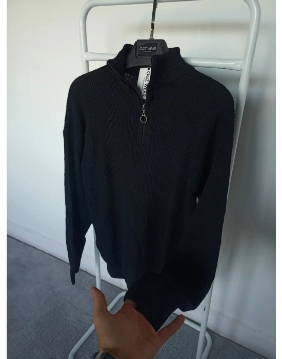 Siyah Selanik Örgü Yarım Femuar Detaylı Uzun Kollu Triko