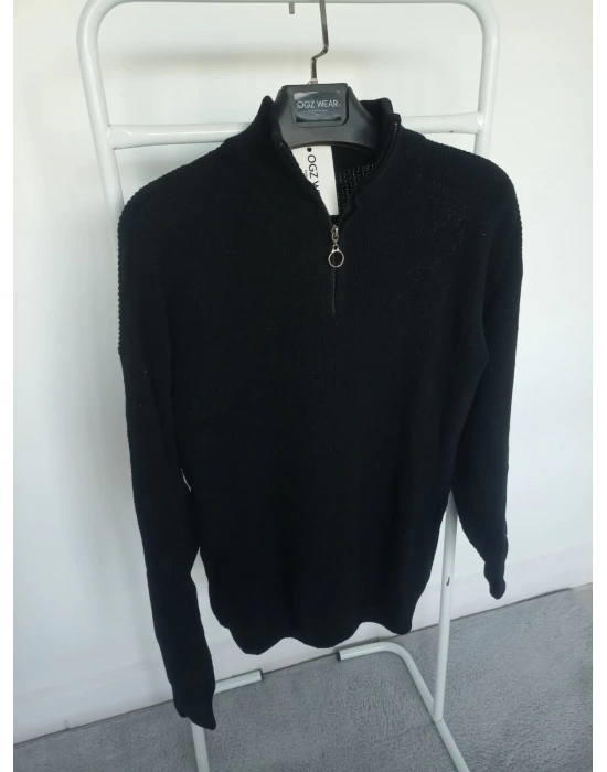 Siyah Selanik Örgü Yarım Femuar Detaylı Uzun Kollu Triko