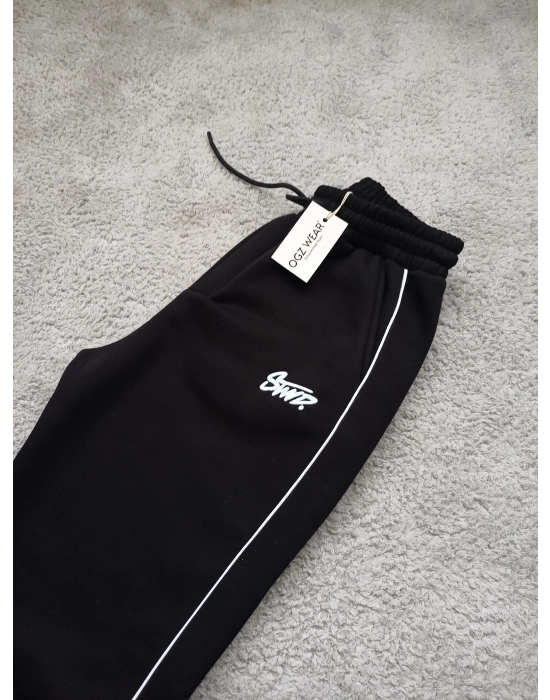 Siyah Stwd Premium Nakış Logo Detaylı Baggy Fit Eşofman Altı