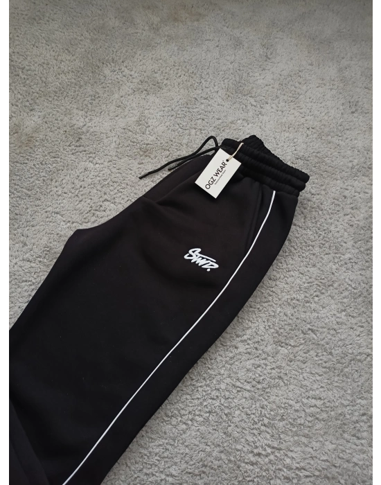 Siyah Stwd Premium Nakış Logo Detaylı Baggy Fit Eşofman Altı