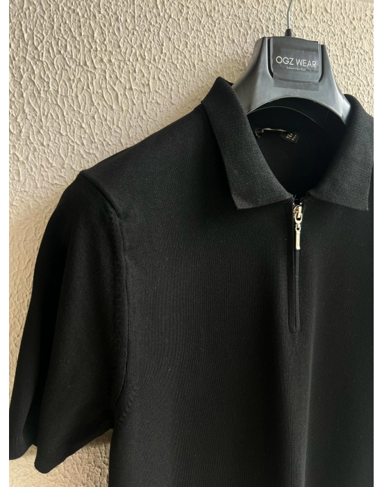 Siyah Yaka Detaylı Basic Premium Kumaş Triko T-Shirt