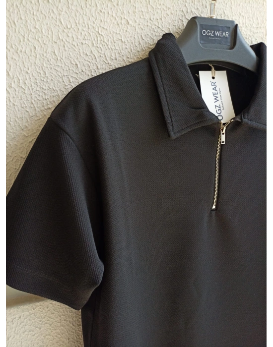 Siyah Yarım Pat Fermuarlı Premium Petek Kumaş T-Shirt