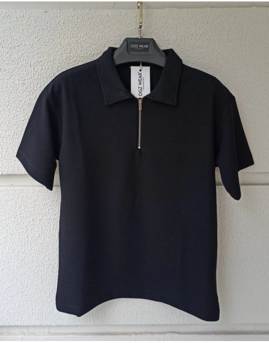 Siyah Yarım Pat Fermuarlı Premium Petek Kumaş T-Shirt