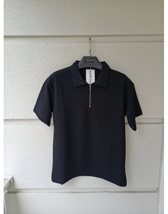 Siyah Yarım Pat Fermuarlı Premium Petek Kumaş T-Shirt