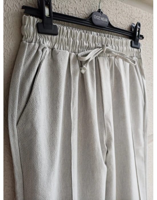Taş Gri Çımalı Çizgi Detaylı Premium Gofre Kumaş Pantolon