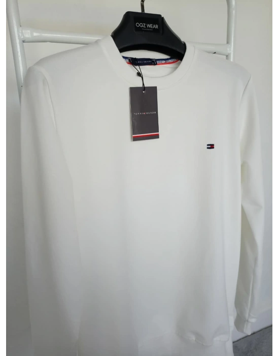 T.Hilfiger Beyaz Küçük Nakış Logo Detaylı Premium %100 Pamuklu Kumaş Uzun Kollu Sweat