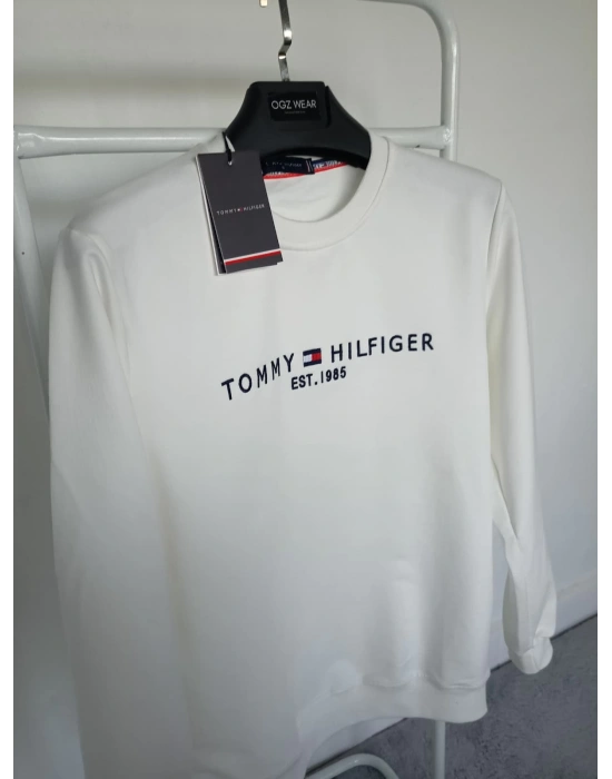 T.Hilfiger Beyaz Nakış Detaylı Premium %100 Pamuklu Kumaş Uzun Kollu Sweat