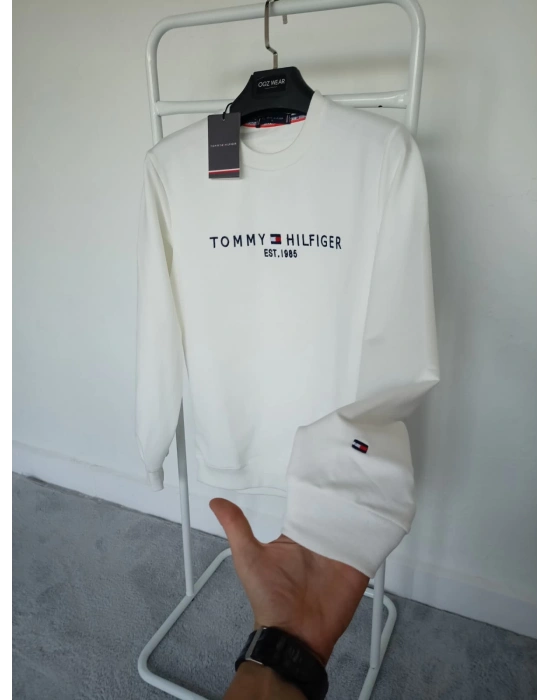 T.Hilfiger Beyaz Nakış Detaylı Premium %100 Pamuklu Kumaş Uzun Kollu Sweat