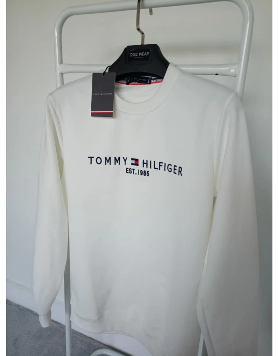 T.Hilfiger Beyaz Nakış Detaylı Premium %100 Pamuklu Kumaş Uzun Kollu Sweat