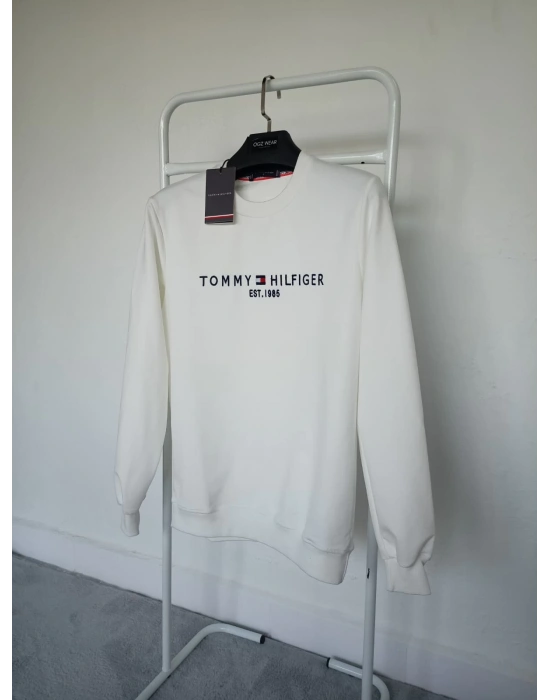 T.Hilfiger Beyaz Nakış Detaylı Premium %100 Pamuklu Kumaş Uzun Kollu Sweat