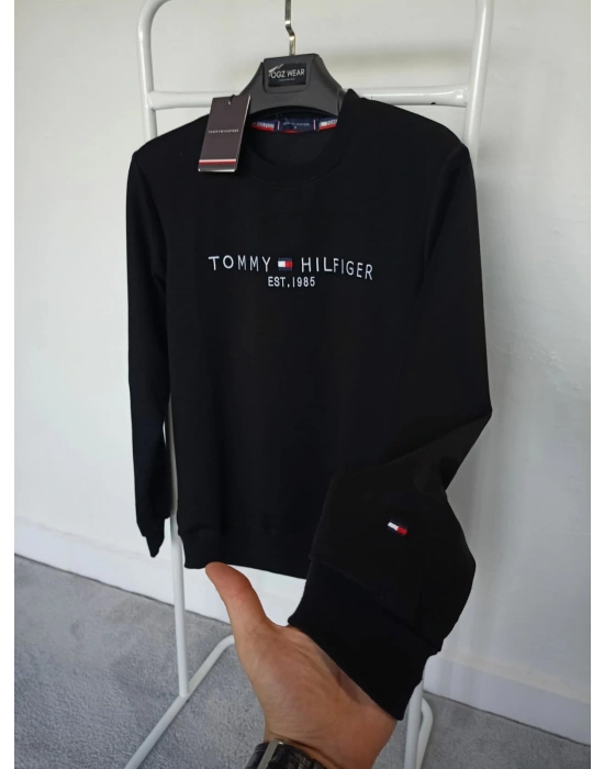 T.Hilfiger Siyah Nakış Detaylı Premium %100 Pamuklu Kumaş Uzun Kollu Sweat