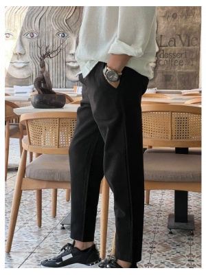 Siyah Ham Keten Premium Kumaş Boyfriend Kalıp Pantolon