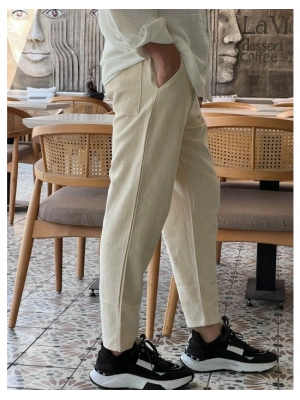 Krem Ham Keten Premium Kumaş Boyfriend Kalıp Pantolon