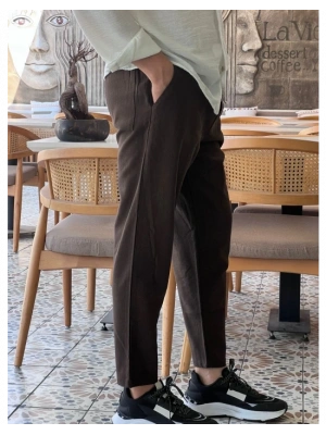 Kahve Ham Keten Premium Kumaş Boyfriend Kalıp Pantolon