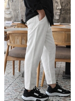 Ekru Ham Keten Premium Kumaş Boyfriend Kalıp Pantolon