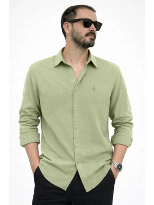 Fıstık Yeşili İthal Premium Nakış Logo Müslin Keten Gömlek