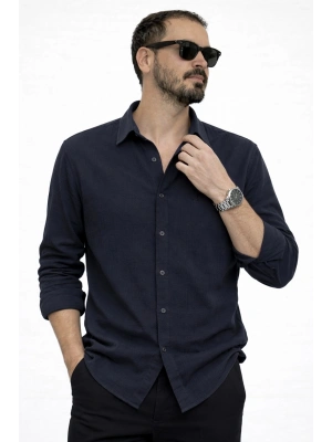 Lacivert İthal Premium Nakış Logo Müslin Keten Gömlek