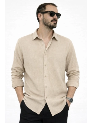 Bej İthal Premium Müslin Keten Kumaş Gömlek