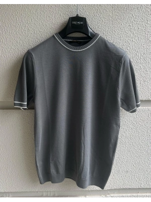 Antrasit Çizgi Detay Bisiklet Yaka Premium Kumaş Triko T-Shirt