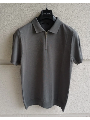 Antrasit Yaka Detaylı Basic Premium Kumaş Triko T-Shirt