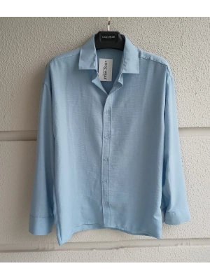 Bebe Mavi Bambu Keten Premium Kumaş Oversize Kalıp Gömlek