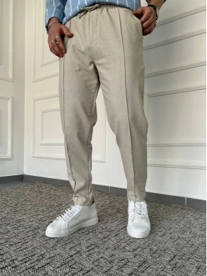 Bej Çımalı Çizgi Detaylı Premium Gofre Kumaş Pantolon