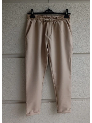 Bej Premium Double Kumaş Likralı Esnek Duble Paça Jogger Pantolon