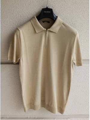 Bej Yaka Detaylı Basic Premium Kumaş Triko T-Shirt