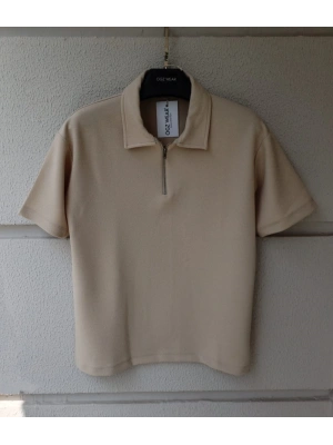 Bej Yarım Pat Fermuarlı Premium Petek Kumaş T-Shirt