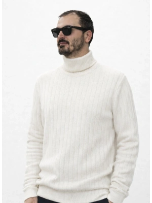 Beyaz Balıkçı Yaka Premium Pamuklu Triko Kazak