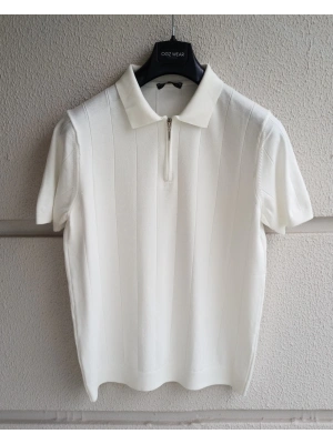 Beyaz Çizgi Detaylı Basic Premium Kumaş Triko T-Shirt