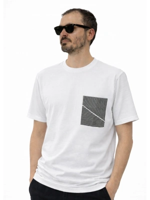 Beyaz Siyah Cep Detaylı %100 Pamuklu Kısa Kollu Tişört