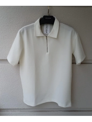 Beyaz Yarım Pat Fermuarlı Premium Petek Kumaş T-Shirt
