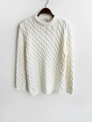 Ekru Saç Örgü Premium Bisiklet Yaka Kazak