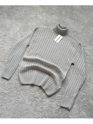 Gri Balıkçı Yaka Premium Pamuklu Triko Kazak