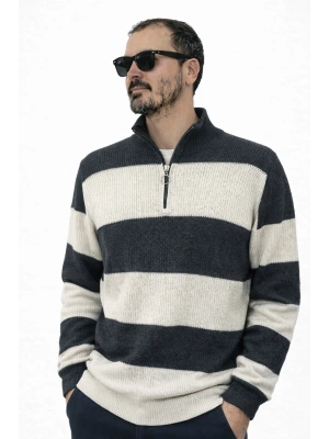 Gri Beyaz Çizgili Selanik Örgü Yarım Femuar Detaylı Uzun Kollu Triko