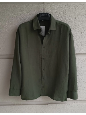 Haki Yeşil Bambu Keten Premium Kumaş Oversize Kalıp Gömlek