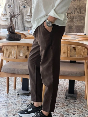 Ham Keten Acı Kahve Premium Kumaş Krem Boyfriend Kalıp Pantolon