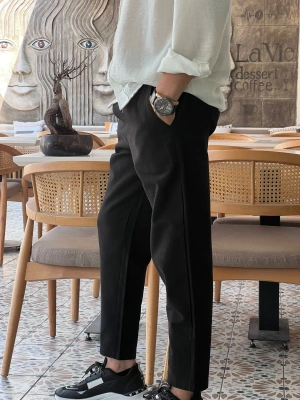 Ham Keten Siyah Premium Kumaş Krem Boyfriend Kalıp Pantolon