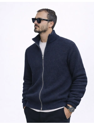 Indigo Mavi Premium Zincir Örme Çift Fermuarlı Hırka