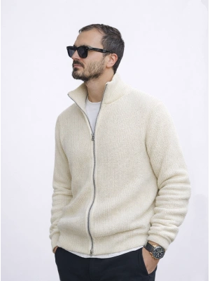 Ekru Premium Zincir Örme Çift Fermuarlı Hırka