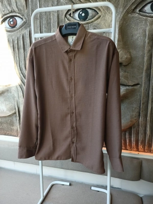 Kahve Bambu Keten Premium Kumaş Oversize Kalıp Gömlek