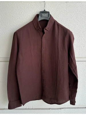 Kahve Müslin Keten Premium Kumaş Gömlek