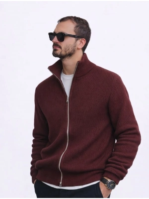 Kahverengi Premium Zincir Örme Çift Fermuarlı Hırka