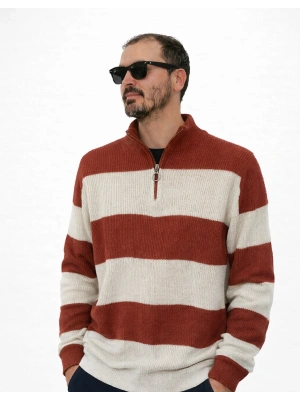 Kiremit Beyaz Çizgili Selanik Örgü Yarım Femuar Detaylı Uzun Kollu Triko