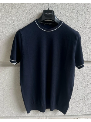 Lacivert Çizgi Detay Bisiklet Yaka Premium Kumaş Triko T-Shirt