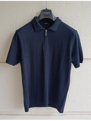 Lacivert Çizgi Detaylı Basic Premium Kumaş Triko T-Shirt