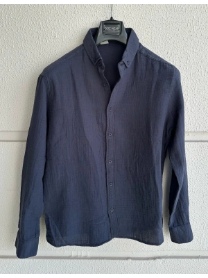 Lacivert Müslin Keten Premium Kumaş Gömlek