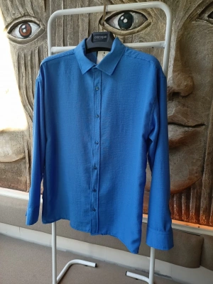 Mavi Bambu Keten Premium Kumaş Oversize Kalıp Gömlek